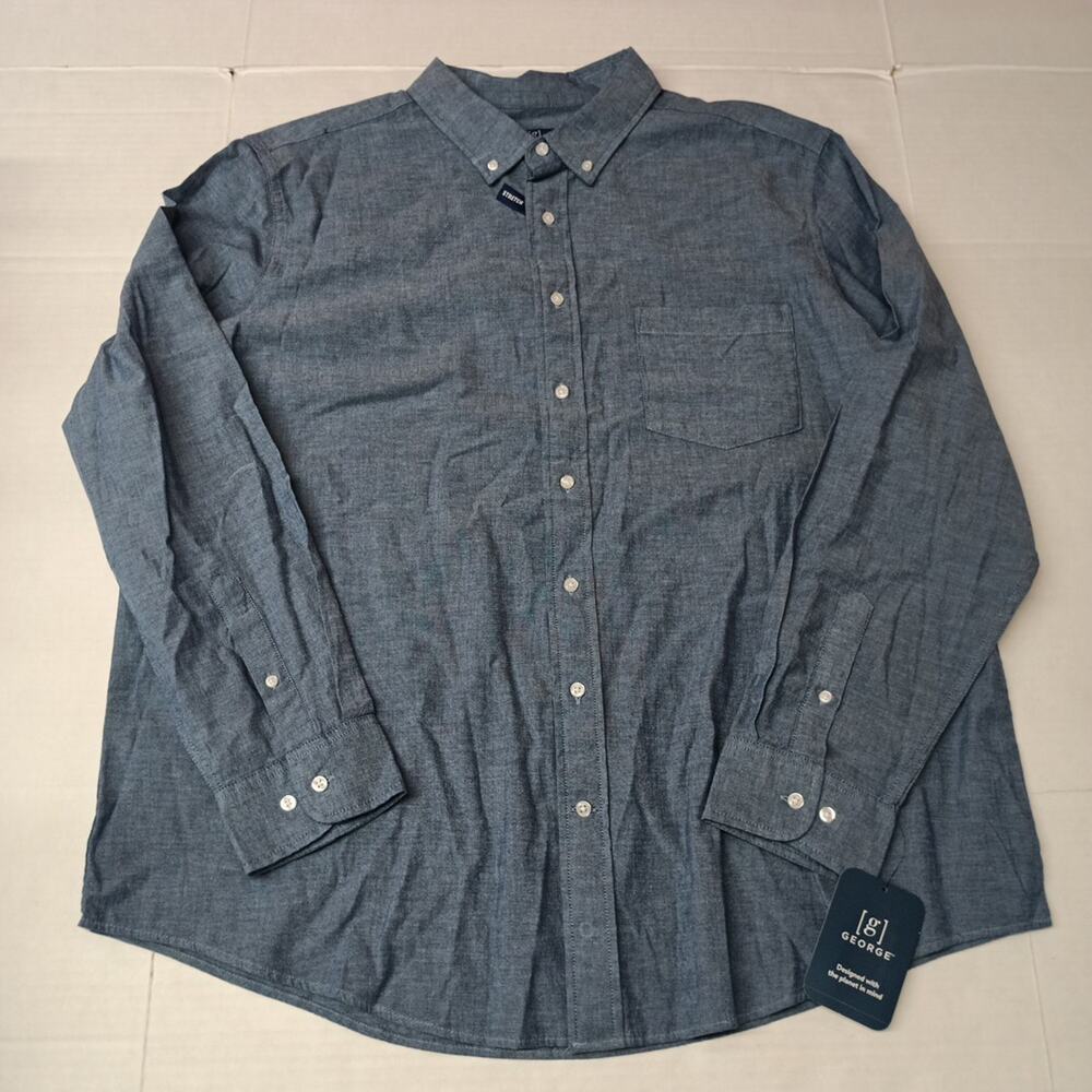 George Poplin Button‎ Down Shirt Men's 2XL (50-52) Blue Classic Fit Cotton Blend
